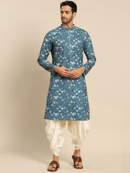 KISAH - Men Turqouise Blue Printed, Textured Cotton Blend Kurta Dhoti Set with Thread Work