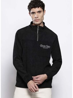 The Indian Garage Co - Men's Black Relax Fit Corduroy High Neck Sweatshirt