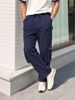 The Indian Garage Co - Men's Blue Relaxed Fit Solid Mid-Rise Cargo
