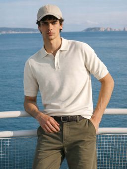 The Indian Garage Co - Men's Cream Textured Slim Fit Polo T-Shirt