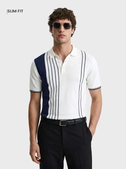 The Indian Garage Co - Men's White Stripes Collar Neck Slim Fit Polo T-Shirt