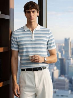 The Indian Garage Co - Men's Blue Zipper Slim Fit Polo T-Shirt