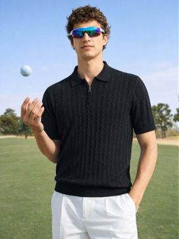 The Indian Garage Co - Men's Black Johnny Collar Neck Textured Polo T-Shirt