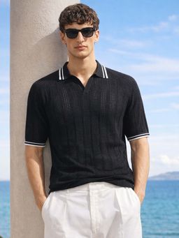 The Indian Garage Co - Men's Black Slim Fit Textured Full Sleeves Polo T-Shirt