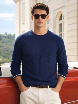 The Indian Garage Co - Men's Navy Blue Slim Fit Textured Round Neck Full Sleeves T-Shirt