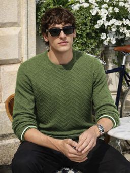 The Indian Garage Co - Men's Green Slim Fit Textured Round Neck Full Sleeves T-Shirt