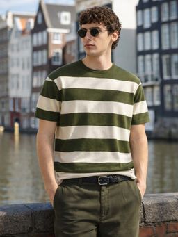 The Indian Garage Co - Men's Green Oversized Striped Crew Neck Half Sleeves T-Shirt