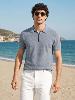 The Indian Garage Co - Men's Blue Slim Fit Collar Neck Half Sleeves Polo T-Shirt