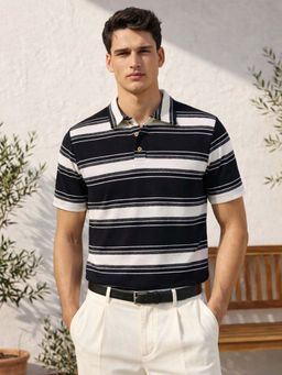 The Indian Garage Co - Men's Black Regular Fit Striped Collar Neck Half Sleeves Polo T-Shirt
