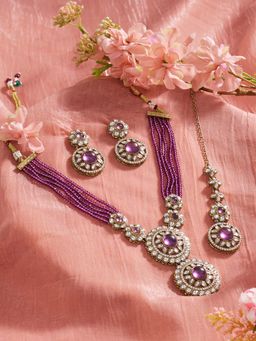 Zaveri Pearls - Purple Stones Beads Necklace Earring And Maangtikka Set-Zpfk21939