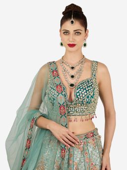 Zaveri Pearls - Green Stones Diamonds Layered Necklace Earring Maangtikka Set-Zpfk21945