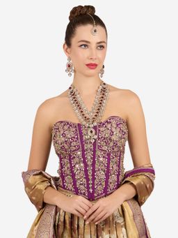 Zaveri Pearls - Maroon Stones Layered Necklace Earring And Maangtikka Set-Zpfk21946