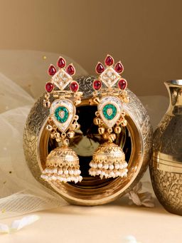 Zaveri Pearls - Pink Green Stones And Ghungroo Embellished Jhumka Earring-Zpfk21982