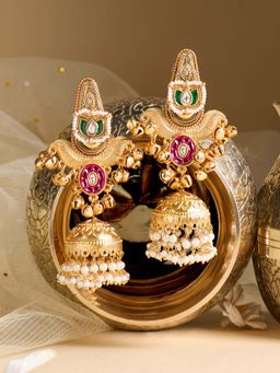 Zaveri Pearls - Pink Green Stones And Ghungroo Embellished Jhumka Earring-Zpfk21987