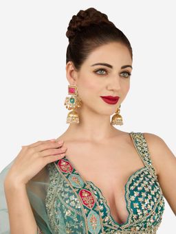 Zaveri Pearls - Pink Green Stones And Ghungroo Embellished Jhumka Earring-Zpfk21988