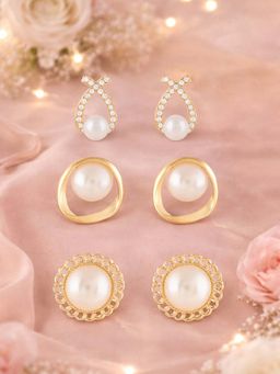 Zaveri Pearls - Pack Of 3 Gold Tone Austrian Diamonds Pearls Studs Earrings-Zpfk22057