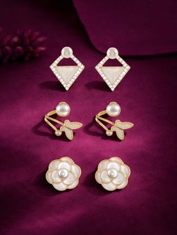 Zaveri Pearls - Pack Of 3 Gold Tone Diamonds Pearls Enamel Studs Earrings-Zpfk22058