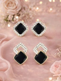 Zaveri Pearls - Pack Of 2 Black Enamel Diamonds Contemporary Studs Earrings-Zpfk22060