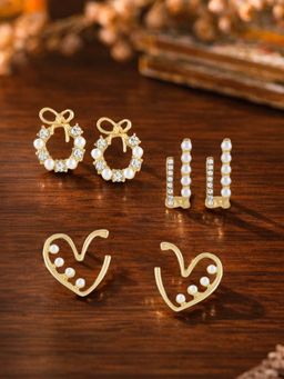 Zaveri Pearls - Pack Of 3 Gold Tone Diamonds Pearls Enamel Studs Earrings-Zpfk22064