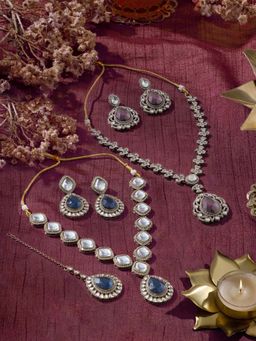 Zaveri Pearls - Pack Of 2 Blue Purple Stones Necklace Earring Maangtikka Set-Zpfk22069