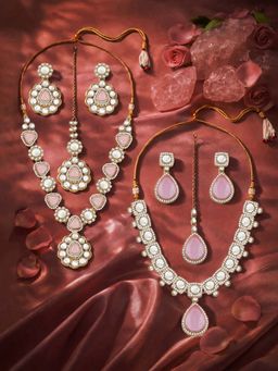 Zaveri Pearls - Pack Of 2 Pink Stones Necklace Earring And Maangtikka Set-Zpfk22070