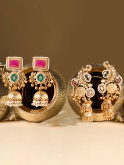 Zaveri Pearls - Pack Of 2 Multicolor Stones And Ghungroo Jhumka Earrings-Zpfk22075