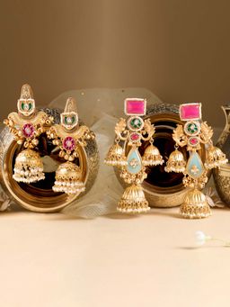 Zaveri Pearls - Pack Of 2 Multicolor Stones And Ghungroo Jhumka Earrings-Zpfk22076