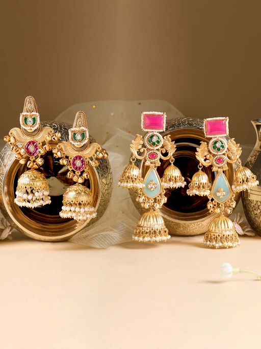 Zaveri Pearls Pack Of 2 Multicolor Stones And Ghungroo Jhumka Earrings-Zpfk22076