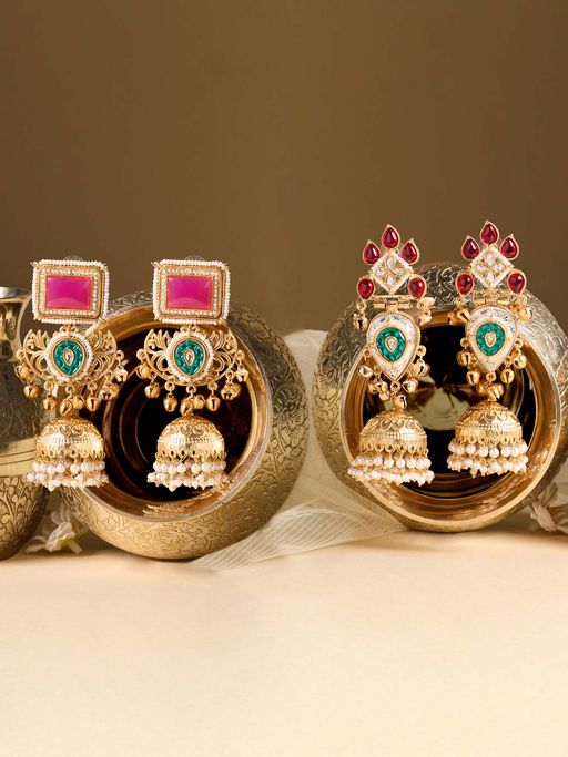 Zaveri Pearls Pack Of 2 Multicolor Stones And Ghungroo Jhumka Earrings-Zpfk22077