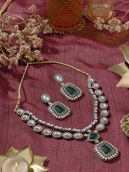 Zaveri Pearls - Green Dazzling Stones Antique Plating Necklace And Earring Set-Zpfk22099