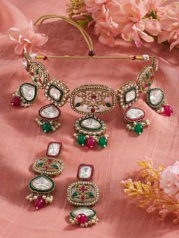 Zaveri Pearls - Green Pink Stones Beads Antique Plating Necklace Earring Set-Zpfk22100