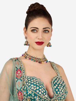 Zaveri Pearls - Multicolor Stones Beads Antique Choker Necklace And Earring Set-Zpfk22101