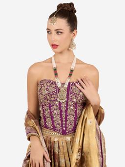 Zaveri Pearls - Pink Green Beads Stones Necklace Earring And Maangtikka Set-Zpfk22102