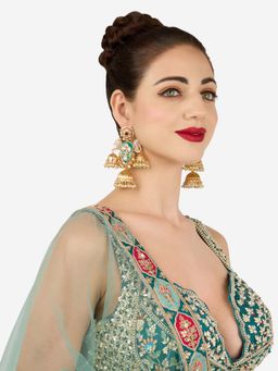 Zaveri Pearls - Green Pink Stones Ghungroo Pearls Statement Jhumka Earring-Zpfk22108