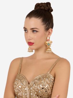 Zaveri Pearls - Green Pink Stones Ghungroo Pearls Enamel Jhumka Earring-Zpfk22111