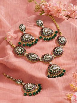 Zaveri Pearls - Green Pink Kundan Meenakari Necklace Earring And Maangtikka Set-Zpfk22113