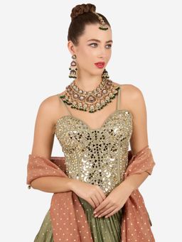 Zaveri Pearls - Green Pink Kundan Meenakari Necklace Earring And Maangtikka Set-Zpfk22115