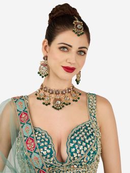 Zaveri Pearls - Green Pink Meenakari Choker Necklace Earring And Maangtikka Set-Zpfk22116