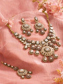 Zaveri Pearls - Pink Green Meenakari Stones Necklace Earring And Maangtikka Set-Zpfk22117