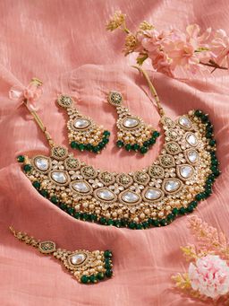 Zaveri Pearls - Green Stones Beads Kundan Necklace Earring And Maangtikka Set-Zpfk22120