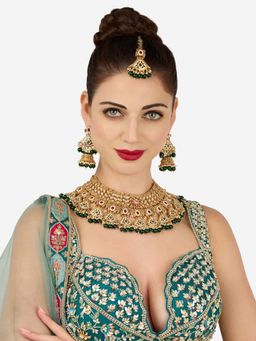 Zaveri Pearls - Green Stones Beads Necklace Earring And Maangtikka Set-Zpfk22122