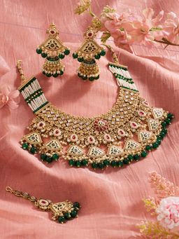 Zaveri Pearls - Green Stones Beads Necklace Earring And Maangtikka Set-Zpfk22123