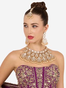 Zaveri Pearls - Gold Tone White Stones Pearls Necklace Earring And Maangtikka Set-Zpfk22124