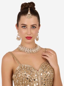 Zaveri Pearls - Gold Tone White Stones Pearls Necklace Earring And Maangtikka Set-Zpfk22125