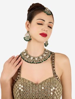 Zaveri Pearls - Green Stones Beads Antique Necklace Earring And Maangtikka Set-Zpfk22126