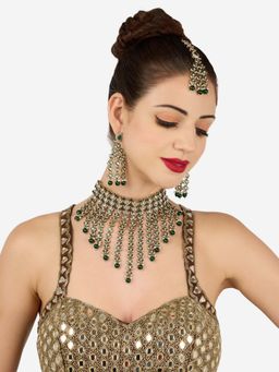 Zaveri Pearls - Green Meenakari Lotus Choker Necklace Earring Maangtikka Set-Zpfk22128