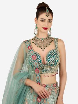 Zaveri Pearls - Green Stones Beads Choker Necklace Earring And Maangtikka Set-Zpfk22129