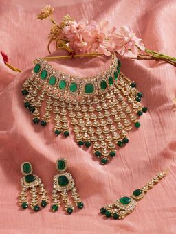 Zaveri Pearls - Green Stones Beads Choker Necklace Earring And Maangtikka Set-Zpfk22130