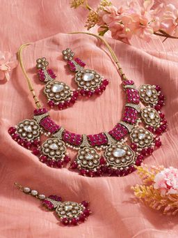 Zaveri Pearls - Rani Pink Stones Beads Necklace Earring And Maangtikka Set-Zpfk22131