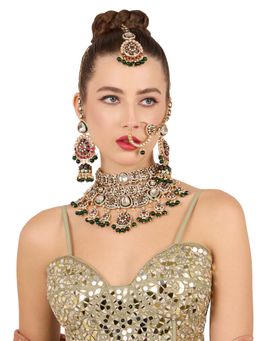 Zaveri Pearls - Green Pink Necklace Earring Maangtikka And Nose Ring Set-Zpfk22135